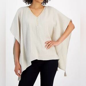 NWOT JM Collection Women's Embellished-Neck Gauze Poncho Blouse Coverup Tan